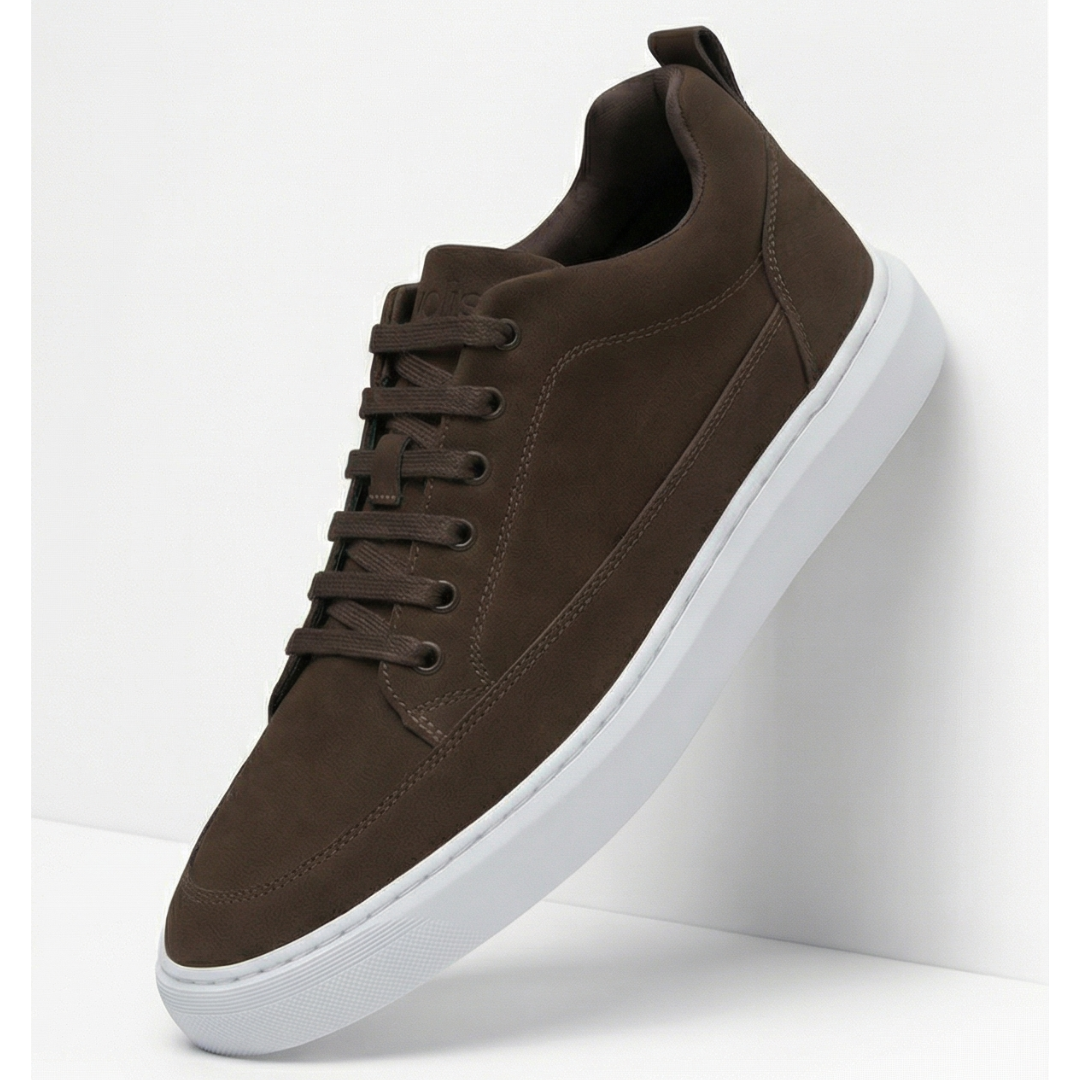 HEIGHTN Earth sneaker rear heel view showing white sole