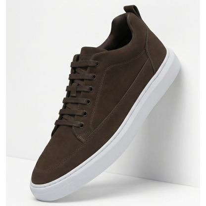 HEIGHTN Earth sneaker rear heel view showing white sole